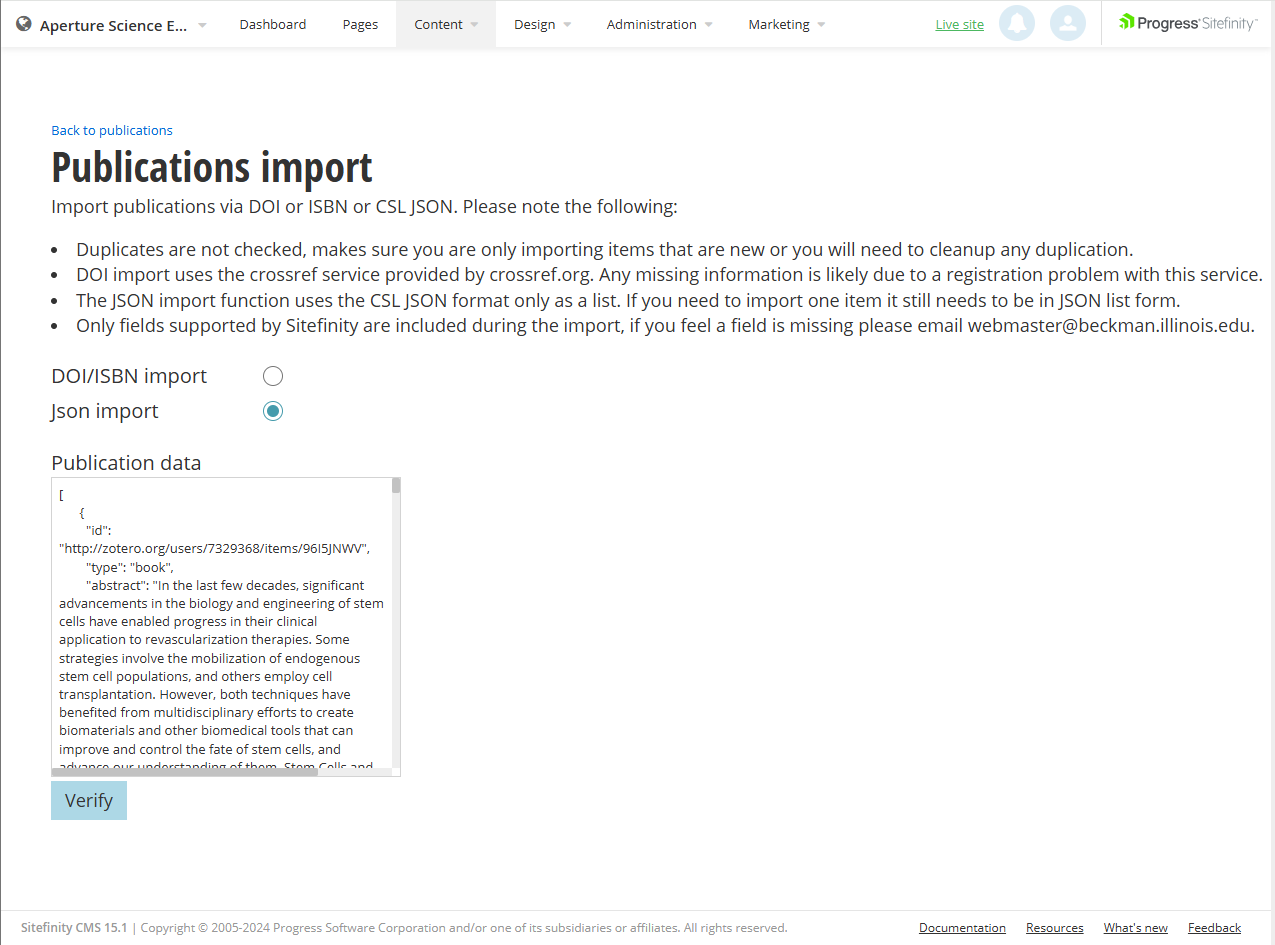 Publication import using CSL JSON with JSON inserted into the textarea