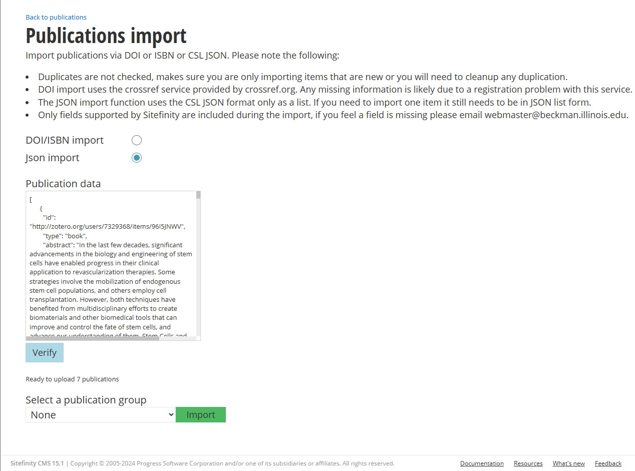 Publications CSL JSON showing the verified state