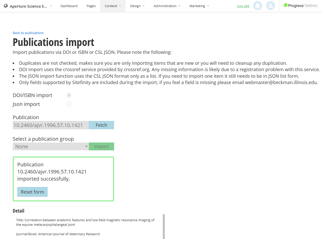 Publications import DOI/ISBN screen after successful import with reset button