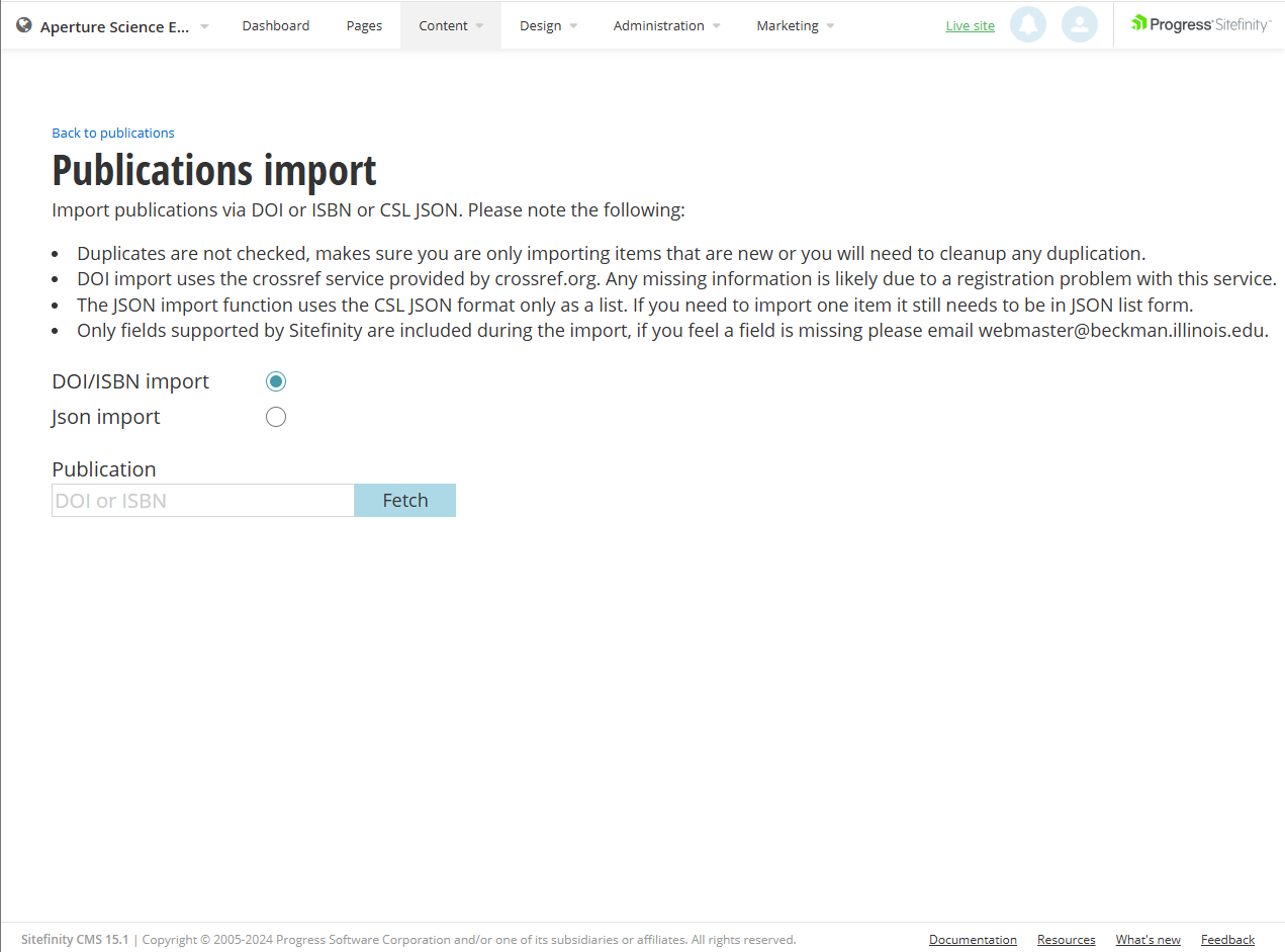 Publications DOI/ISBN import screen