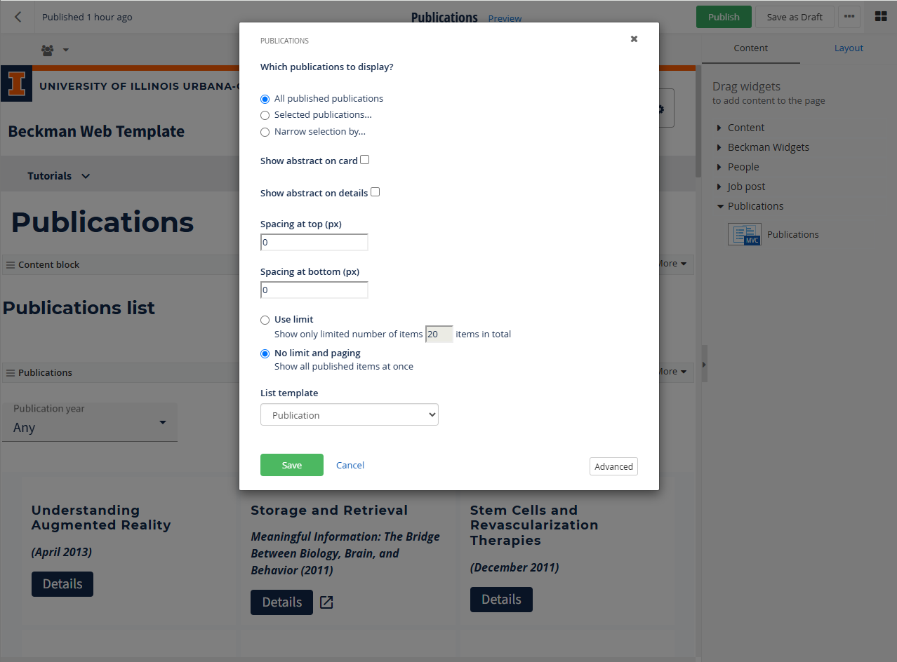 Publications page widget with default options selected