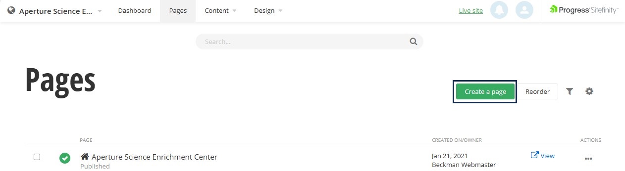 Page menu highlightin the Create a page button